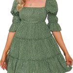 EXLURA Women's Tie Back Square Neck Dresses Puff Elbow Sleeve Off Shoulder Tiered Ruffle Floral Backless Mini Dress